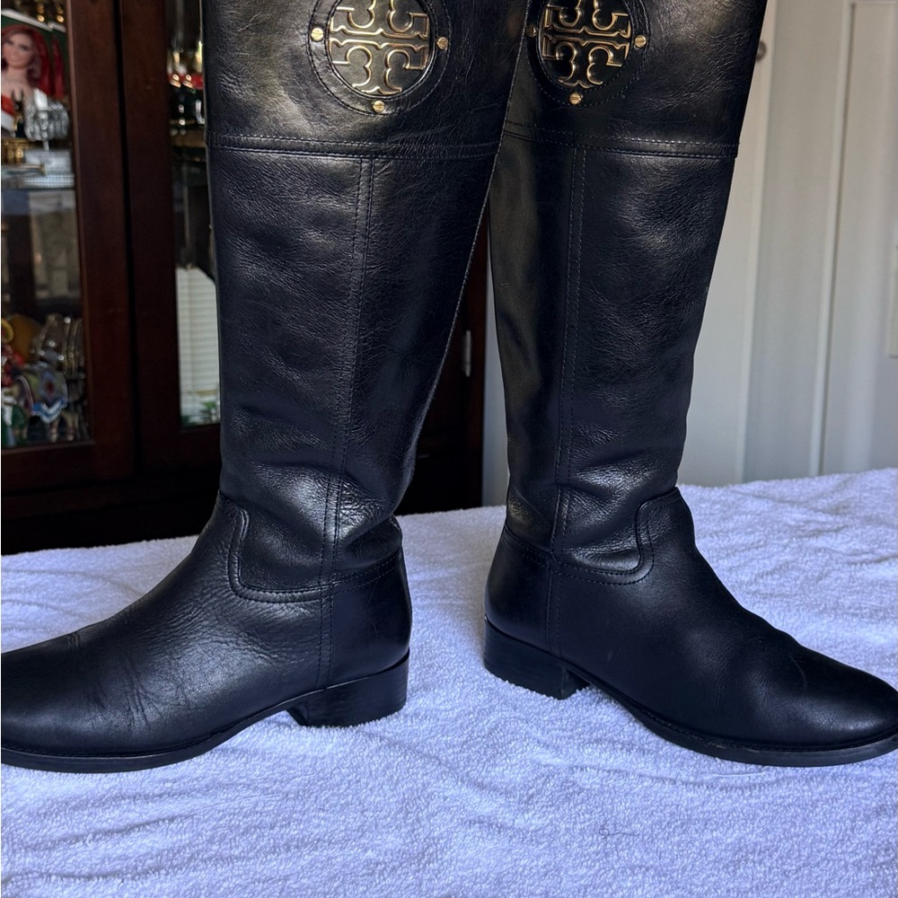 Tory Burch Black Leather Tall Riding Boots with Gold Logo